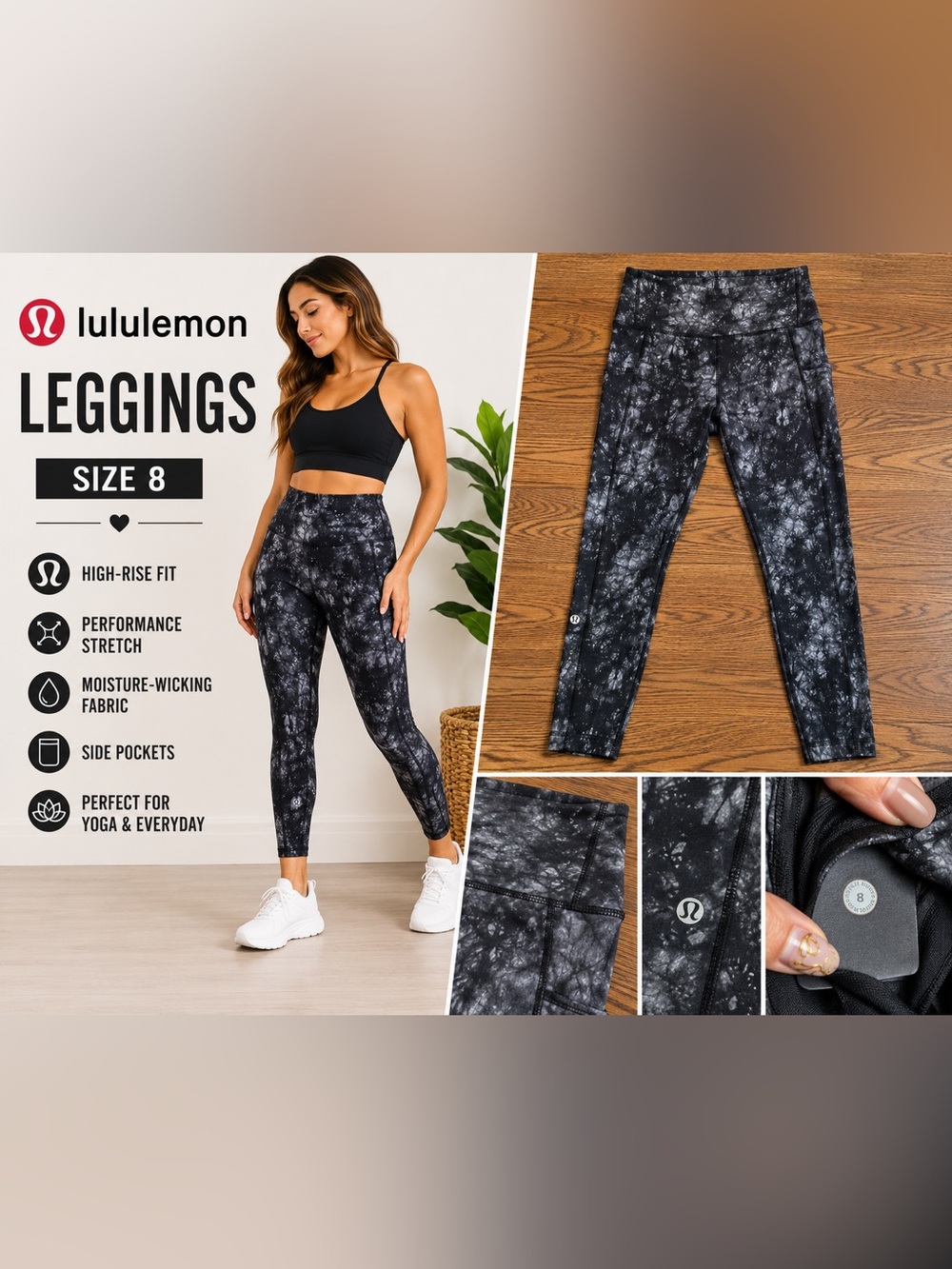 lululemon athletica Black and Gray Tie-Dye High-Rise Cropped Leggings size 8